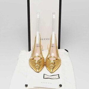 Gucci Gold Leather Studded Bamboo Heel Slingback Pumps Size 5/35.5